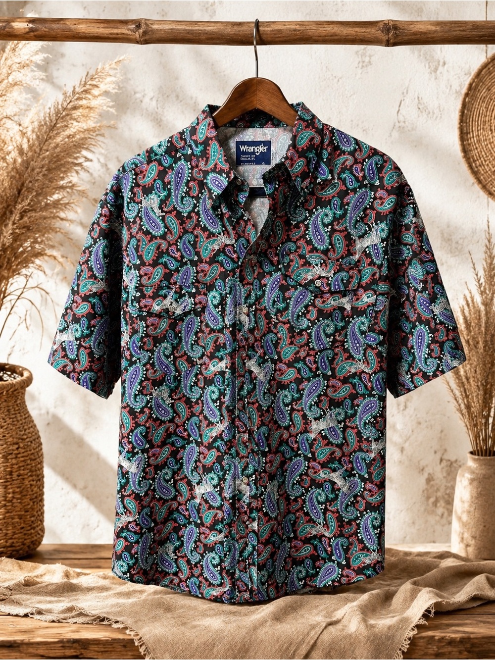 WRANGLER WESTERN COWBOY RODEO HORSE PAISLEY PATTERN‎ BUTTON FRONT SHIRT